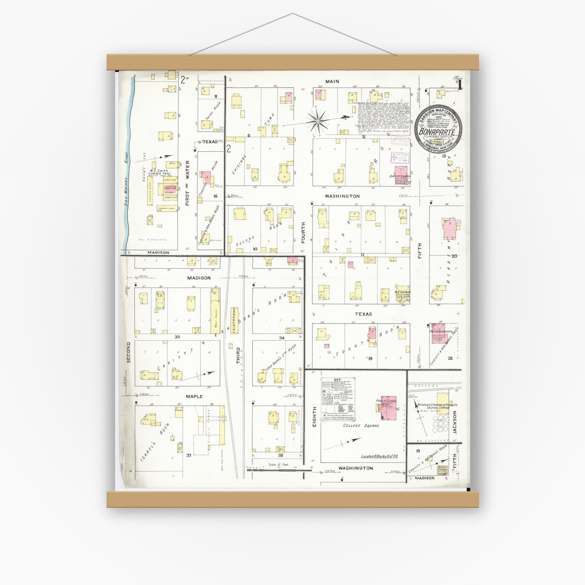 Old map wall art mockup — magnetic wood frame on white wall — Sanborn Fire Insurance Map from Bonaparte, Van Buren County, Iowa (1909) â€” Complete Set