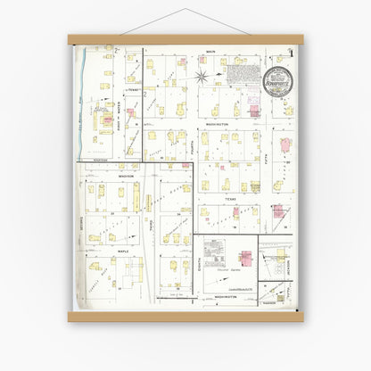 Old map wall art mockup — magnetic wood frame on white wall — Sanborn Fire Insurance Map from Bonaparte, Van Buren County, Iowa (1909) â€” Complete Set