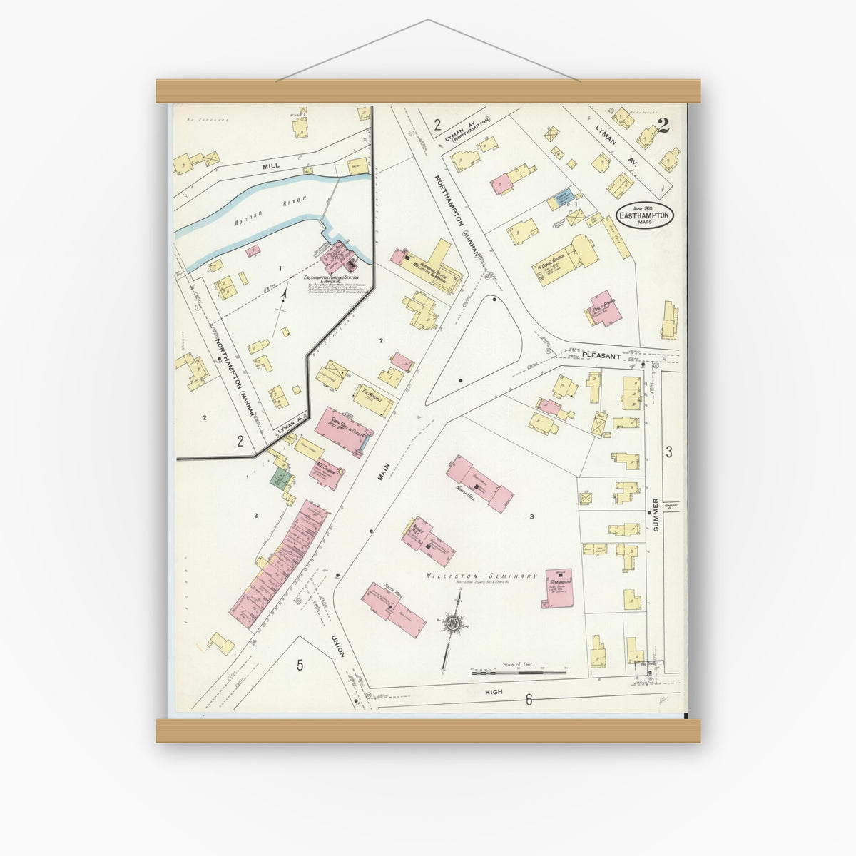 Old map wall art mockup — magnetic wood frame on white wall — Sanborn Fire Insurance Map from East Hampton, Hampshire County, Massachusetts (1910), Sheet #0002