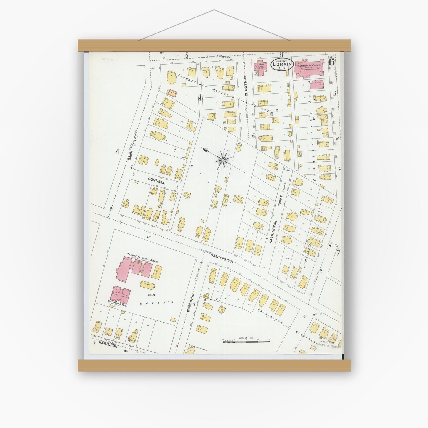 Old map wall art mockup — magnetic wood frame on white wall — Sanborn Fire Insurance Map from Lorain, Lorain County, Ohio (1905), Sheet #0006