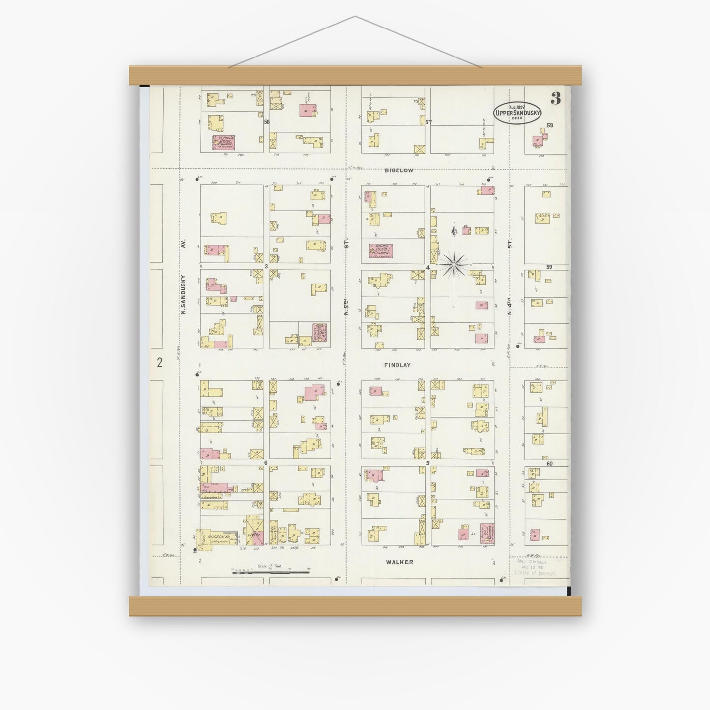Old map wall art mockup — magnetic wood frame on white wall — Sanborn Fire Insurance Map from Upper Sandusky, Wyandot County, Ohio (1897), Sheet #0003