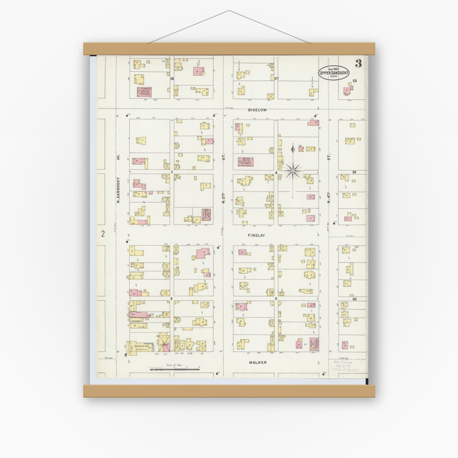 Old map wall art mockup — magnetic wood frame on white wall — Sanborn Fire Insurance Map from Upper Sandusky, Wyandot County, Ohio (1897), Sheet #0003