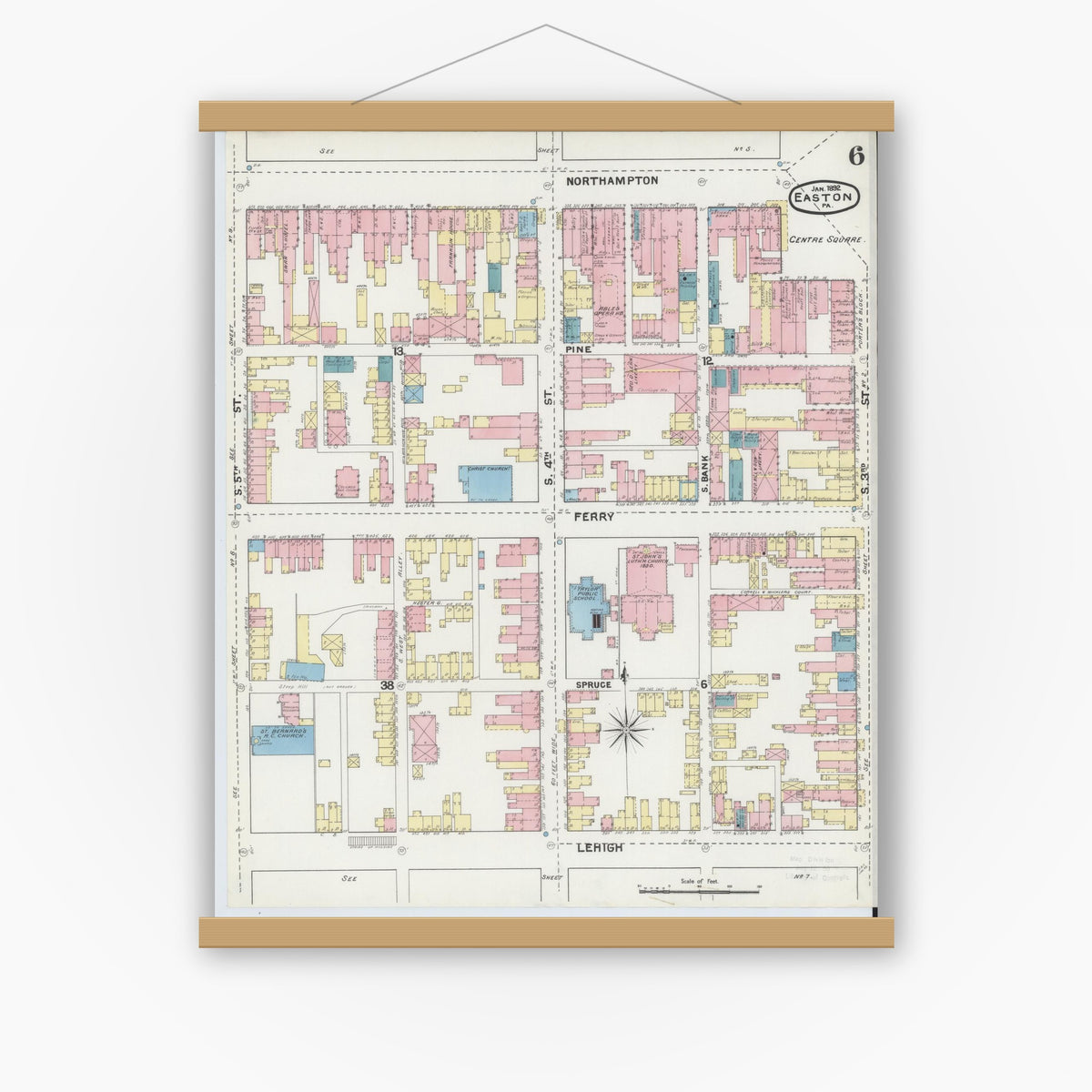 Old map wall art mockup — magnetic wood frame on white wall — Sanborn Fire Insurance Map from Easton, Northampton County, Pennsylvania (1892), Sheet #0006