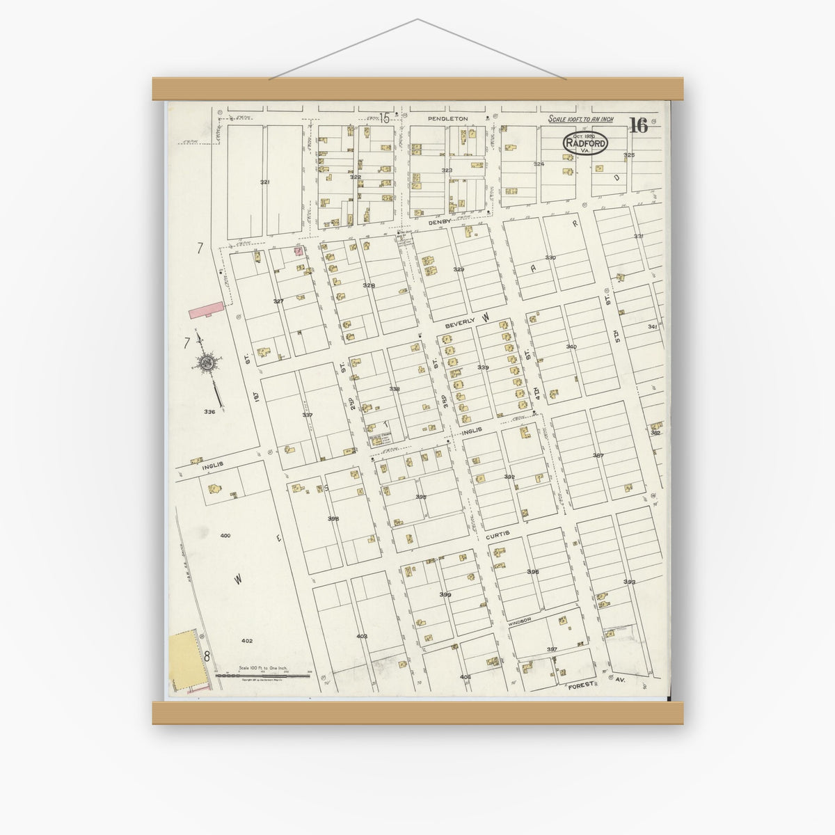 Old map wall art mockup — magnetic wood frame on white wall — Sanborn Fire Insurance Map from Radford, Independent Cities, Virginia (1920), Sheet #0016