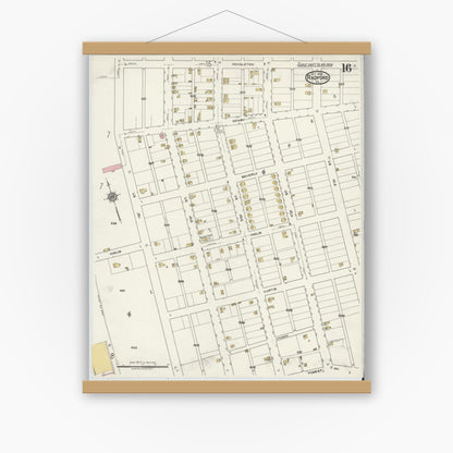 Old map wall art mockup — magnetic wood frame on white wall — Sanborn Fire Insurance Map from Radford, Independent Cities, Virginia (1920), Sheet #0016