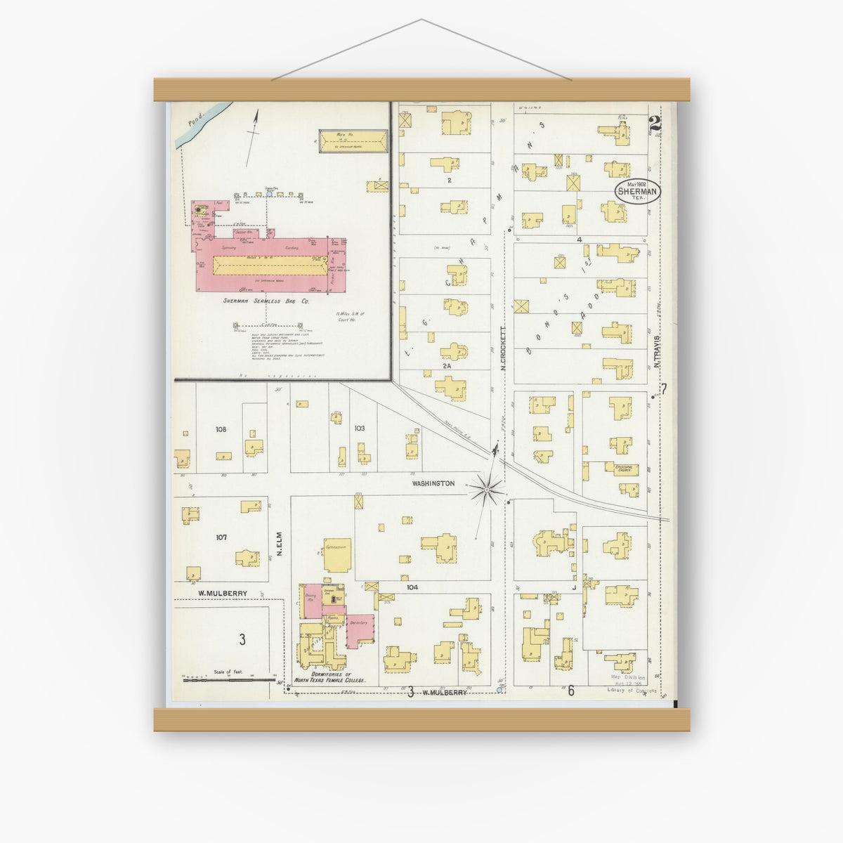 Old map wall art mockup — magnetic wood frame on white wall — Sanborn Fire Insurance Map from Sherman, Grayson County, Texas (1902), Sheet #0002