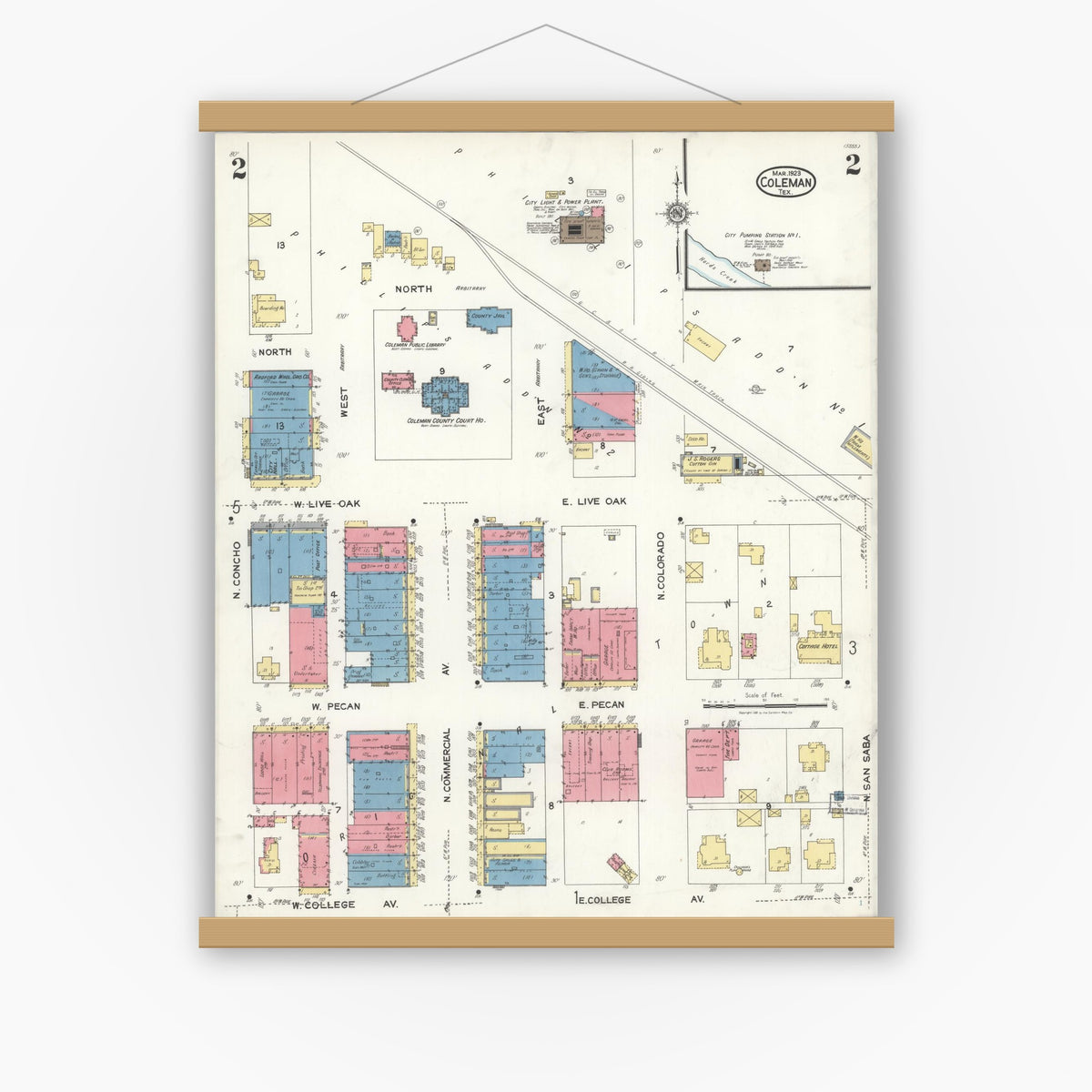 Old map wall art mockup — magnetic wood frame on white wall — Sanborn Fire Insurance Map from Coleman, Coleman County, Texas (1923), Sheet #0002