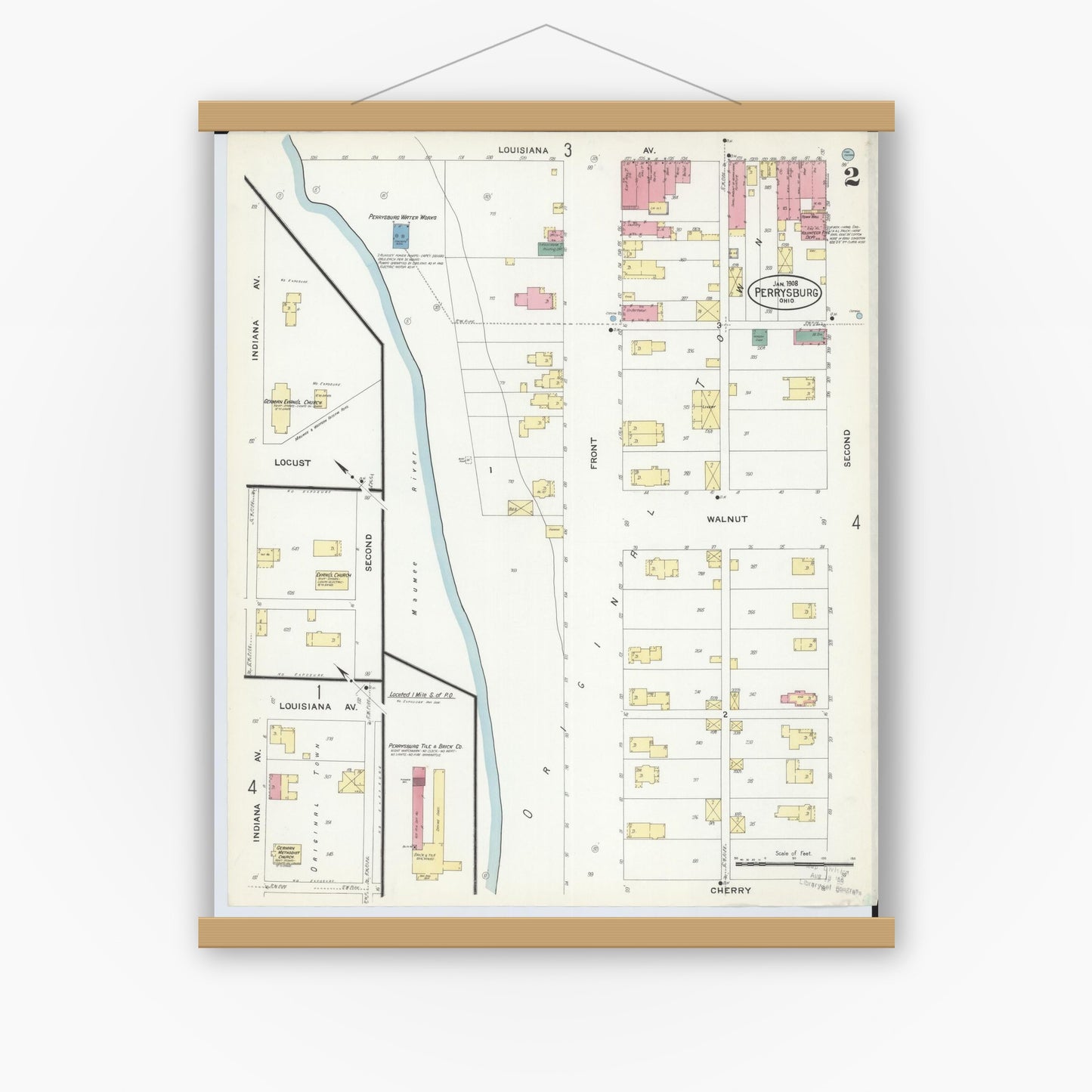 Old map wall art mockup — magnetic wood frame on white wall — Sanborn Fire Insurance Map from Perrysburg, Wood County, Ohio (1908), Sheet #0002
