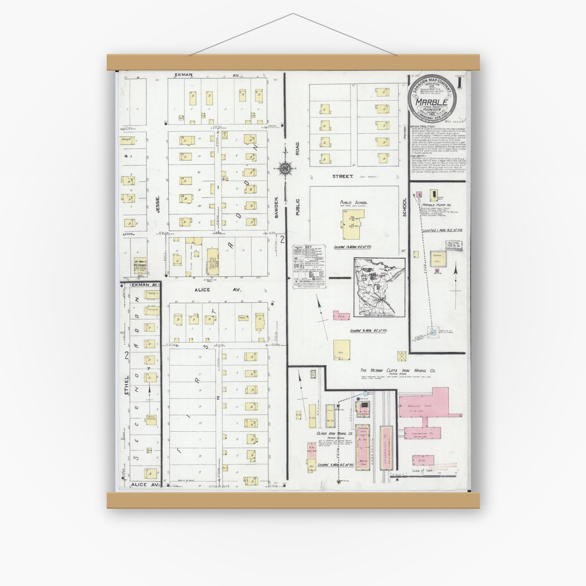 Old map wall art mockup — magnetic wood frame on white wall — Sanborn Fire Insurance Map from Marble, Itasca County, Minnesota (1921) - Complete Map Set