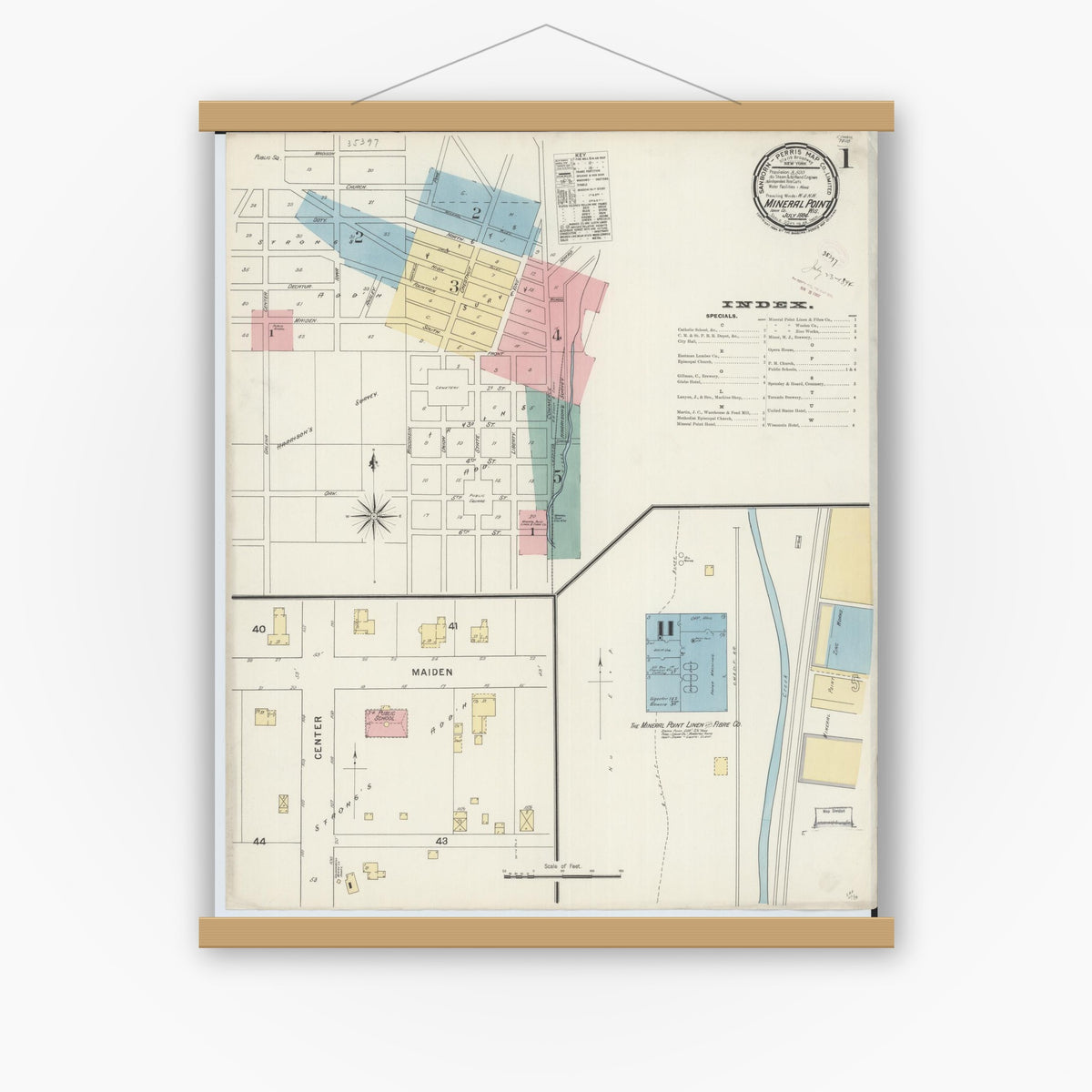 Old map wall art mockup — magnetic wood frame on white wall — Sanborn Fire Insurance Map from Mineral Point, Iowa County, Wisconsin (1894) - Complete Map Set