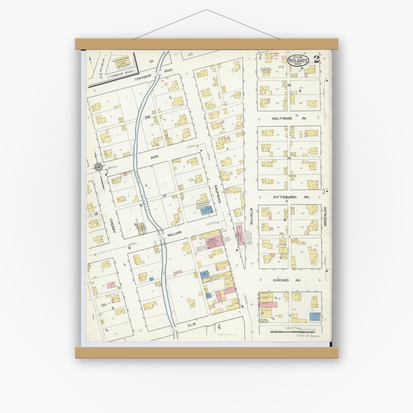 Old map wall art mockup — magnetic wood frame on white wall — Sanborn Fire Insurance Map from Holgate, Henry County, Ohio (1916), Sheet #0002