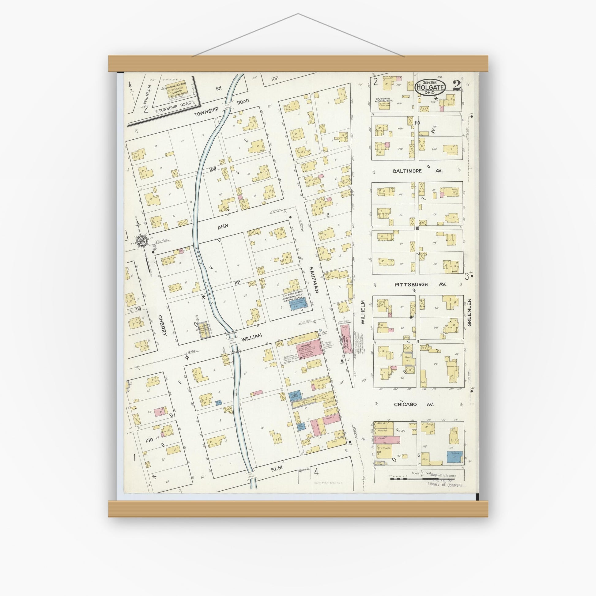 Old map wall art mockup — magnetic wood frame on white wall — Sanborn Fire Insurance Map from Holgate, Henry County, Ohio (1916), Sheet #0002