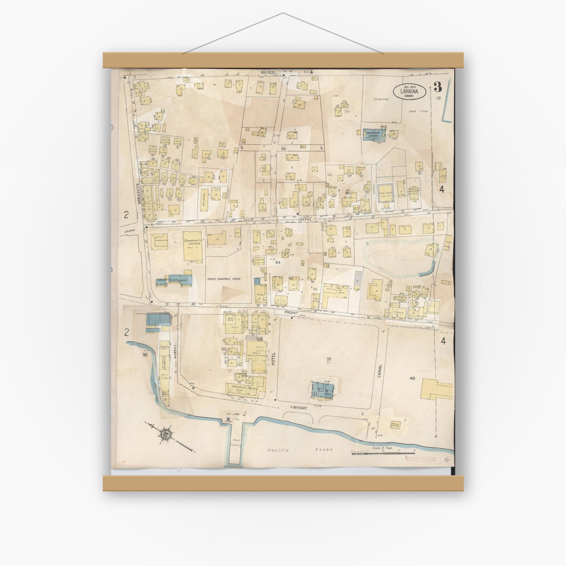 Old map wall art mockup — magnetic wood frame on white wall — Sanborn Fire Insurance Map from Lahaina, Maui County, Hawaii (1950), Sheet #0003