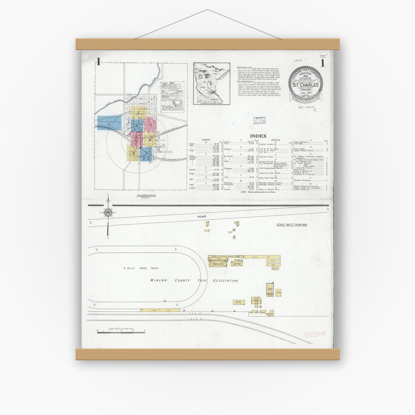 Old map wall art mockup — magnetic wood frame on white wall — Sanborn Fire Insurance Map from Saint Charles, Winona County, Minnesota (1927) - Complete Map Set