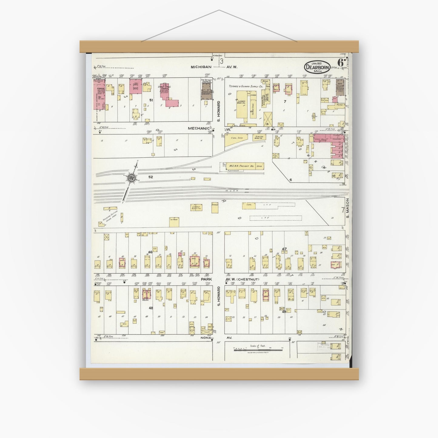 Old map wall art mockup — magnetic wood frame on white wall — Sanborn Fire Insurance Map from Dearborn, Wayne County, Michigan (1921), Sheet #0006