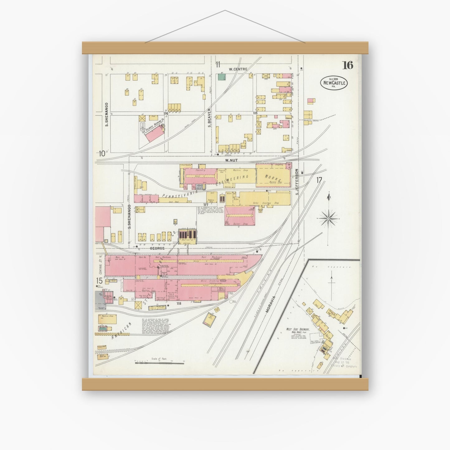 Old map wall art mockup — magnetic wood frame on white wall — Sanborn Fire Insurance Map from New Castle, Lawrence County, Pennsylvania (1899), Sheet #0016