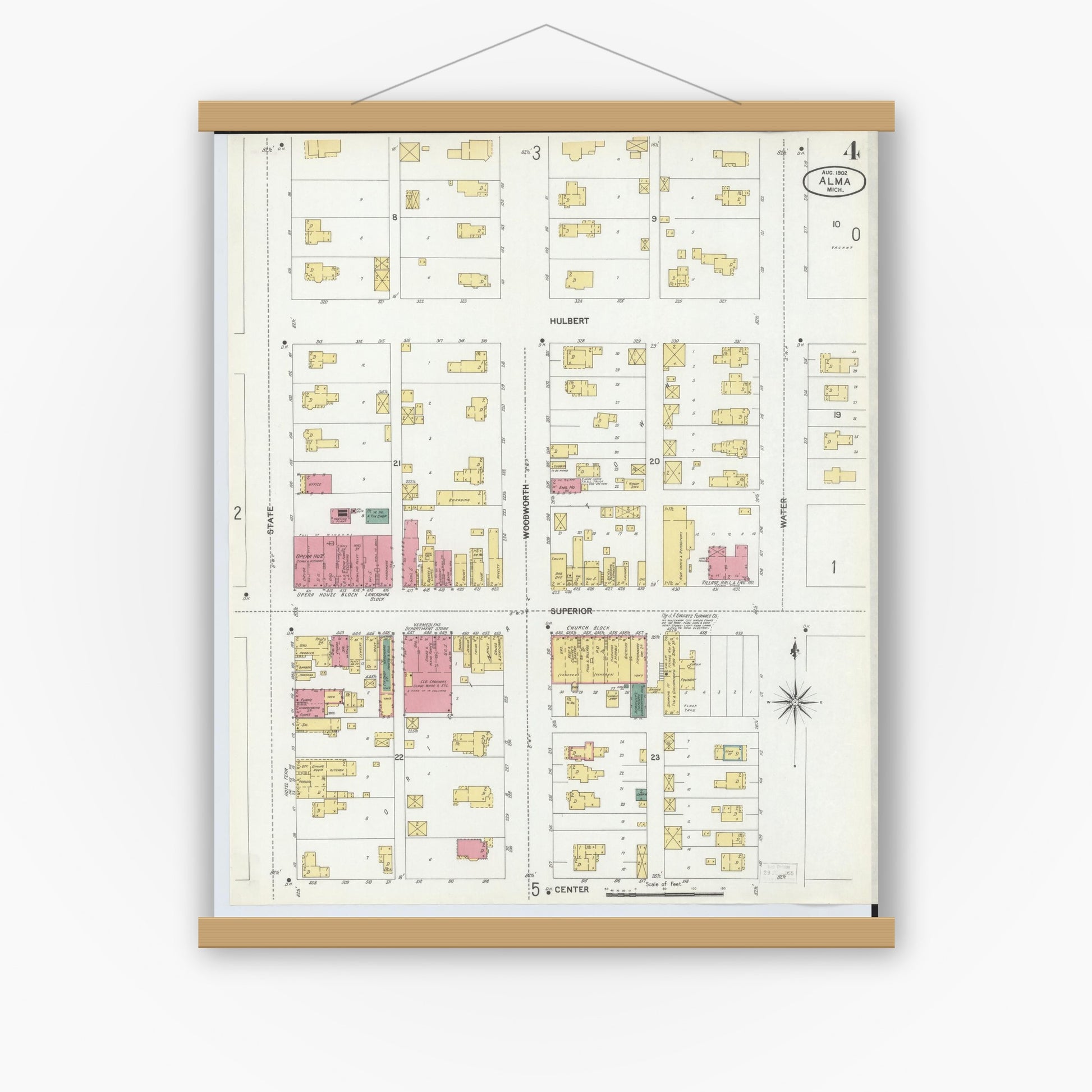 Old map wall art mockup — magnetic wood frame on white wall — Sanborn Fire Insurance Map from Alma, Gratiot County, Michigan (1902), Sheet #0004