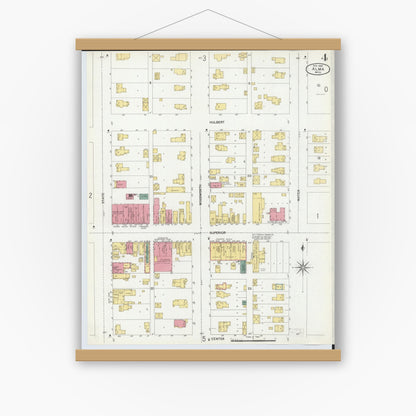 Old map wall art mockup — magnetic wood frame on white wall — Sanborn Fire Insurance Map from Alma, Gratiot County, Michigan (1902), Sheet #0004