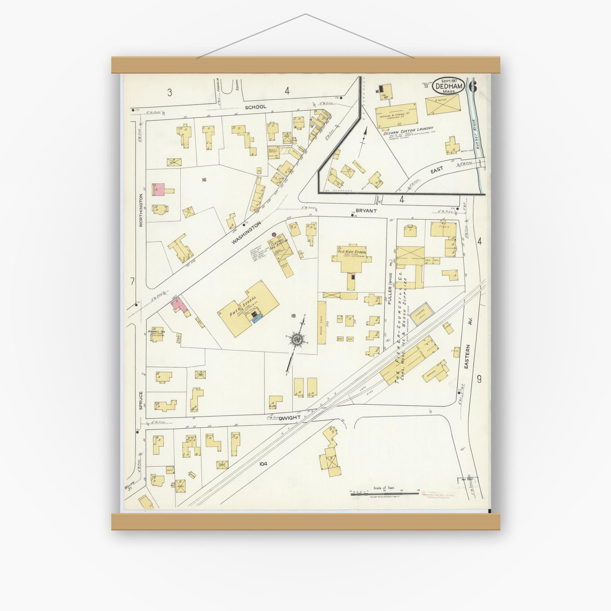 Old map wall art mockup — magnetic wood frame on white wall — Sanborn Fire Insurance Map from Dedham, Norfolk County, Massachusetts (1917), Sheet #0006