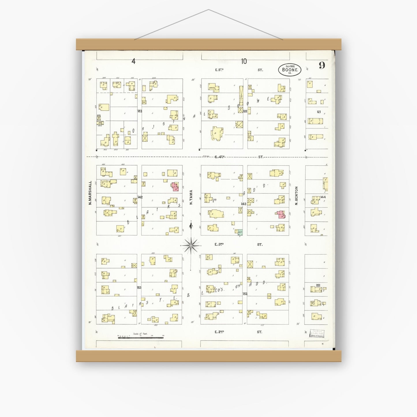 Old map wall art mockup — magnetic wood frame on white wall — Sanborn Fire Insurance Map from Boone, Boone County, Iowa (1900), Sheet #0009
