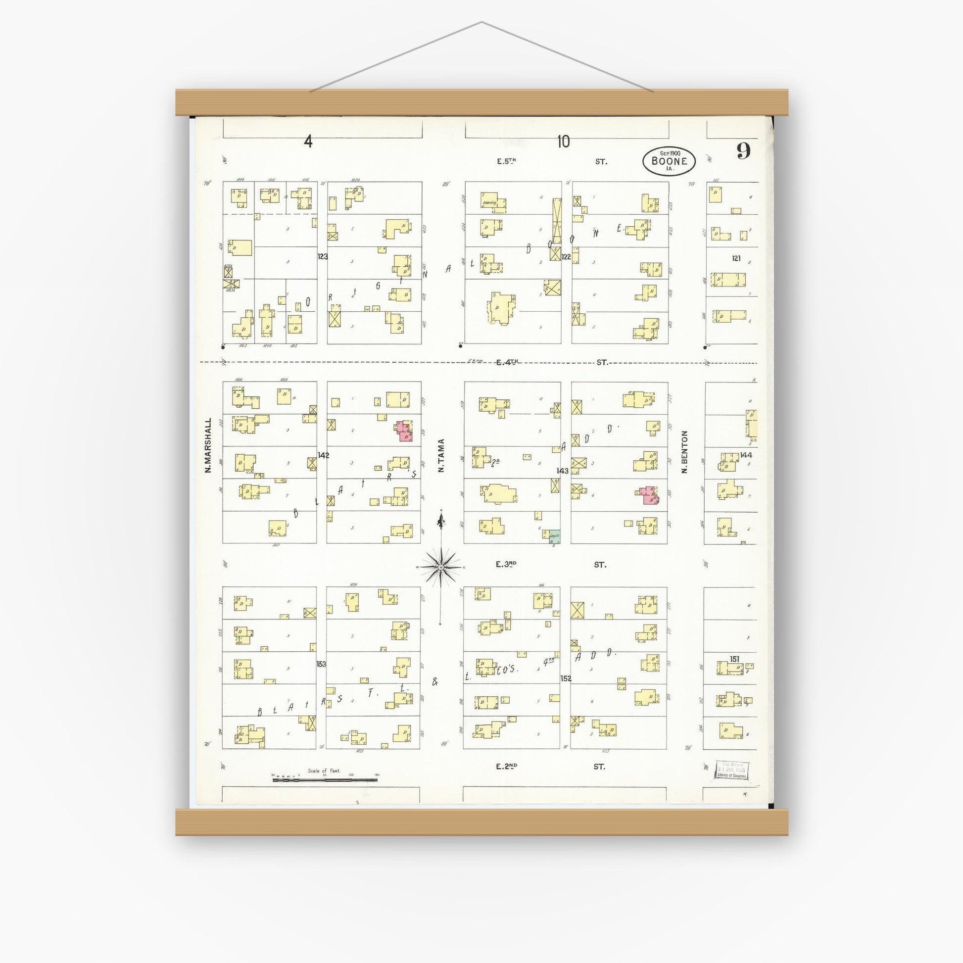 Old map wall art mockup — magnetic wood frame on white wall — Sanborn Fire Insurance Map from Boone, Boone County, Iowa (1900), Sheet #0009