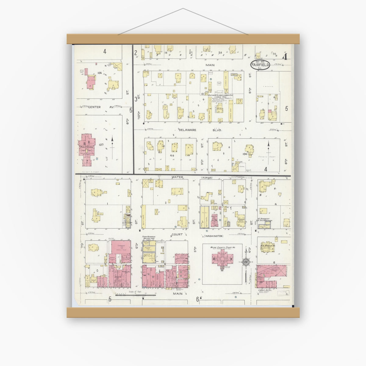 Old map wall art mockup — magnetic wood frame on white wall — Sanborn Fire Insurance Map from Fairfield, Wayne County, Illinois (1913), Sheet #0004