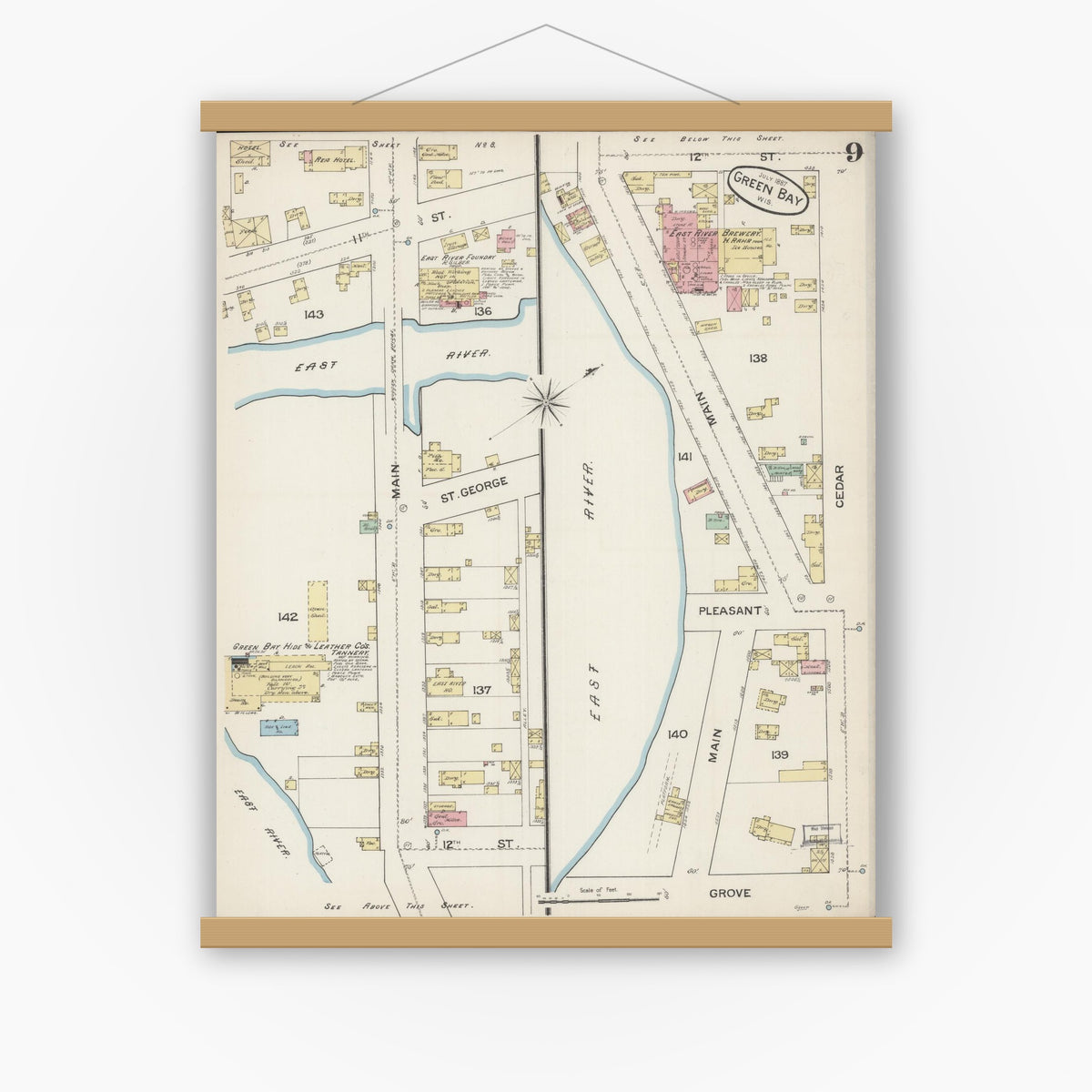 Old map wall art mockup — magnetic wood frame on white wall — Sanborn Fire Insurance Map from Green Bay, Brown County, Wisconsin (1887), Sheet #0009
