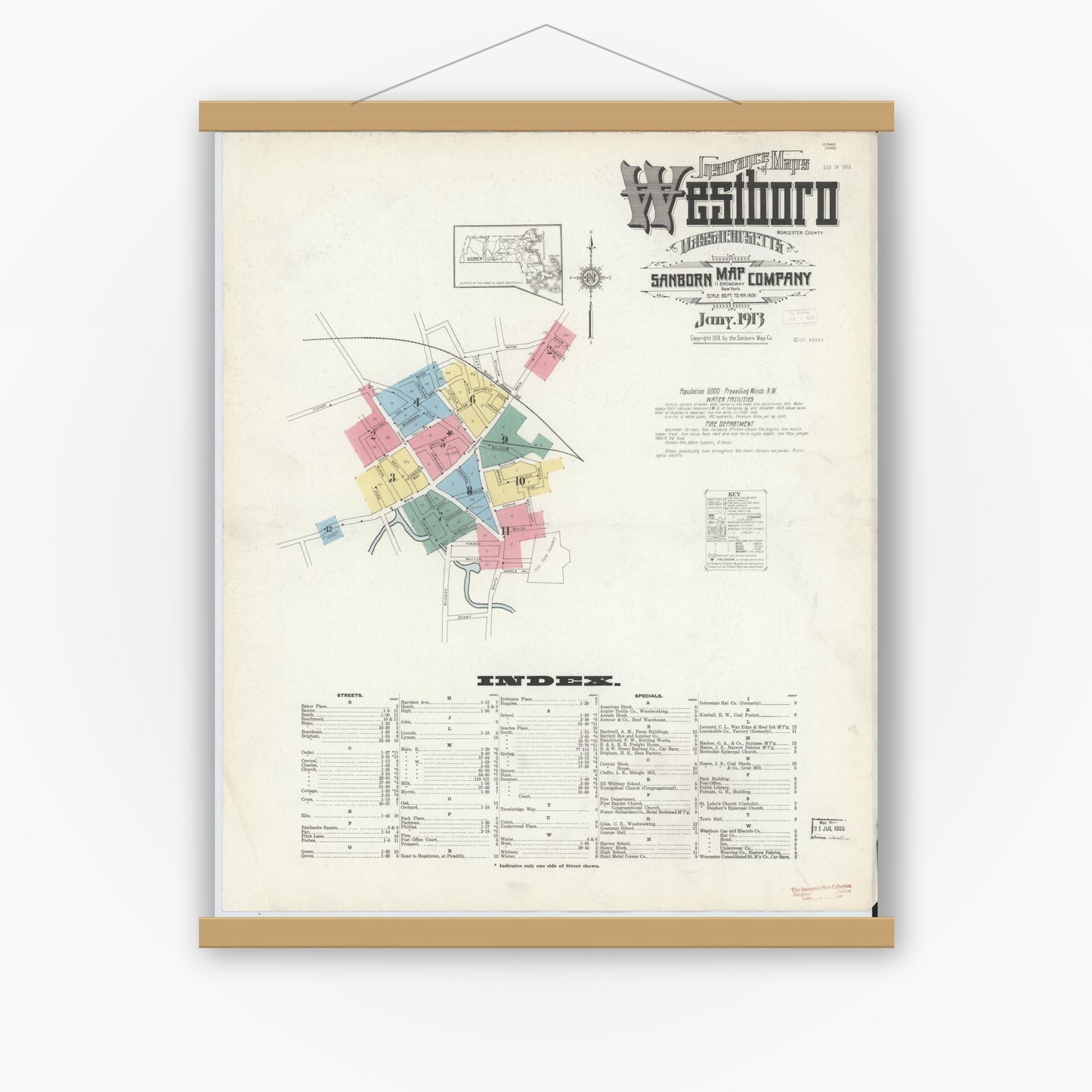 Old map wall art mockup — magnetic wood frame on white wall — Sanborn Fire Insurance Map from Westboro, Worcester County, Massachusetts (1913), Sheet #0001