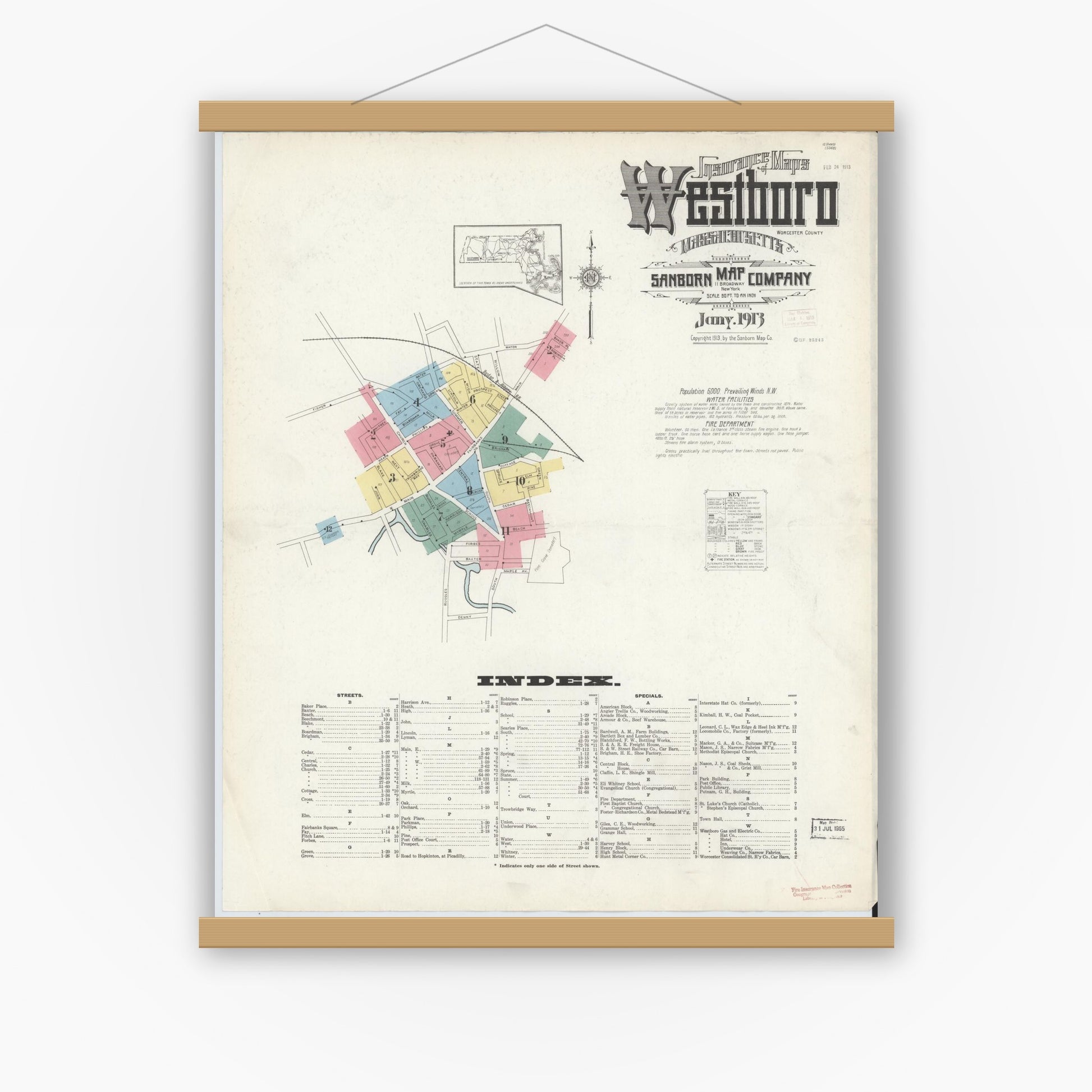 Old map wall art mockup — magnetic wood frame on white wall — Sanborn Fire Insurance Map from Westboro, Worcester County, Massachusetts (1913), Sheet #0001