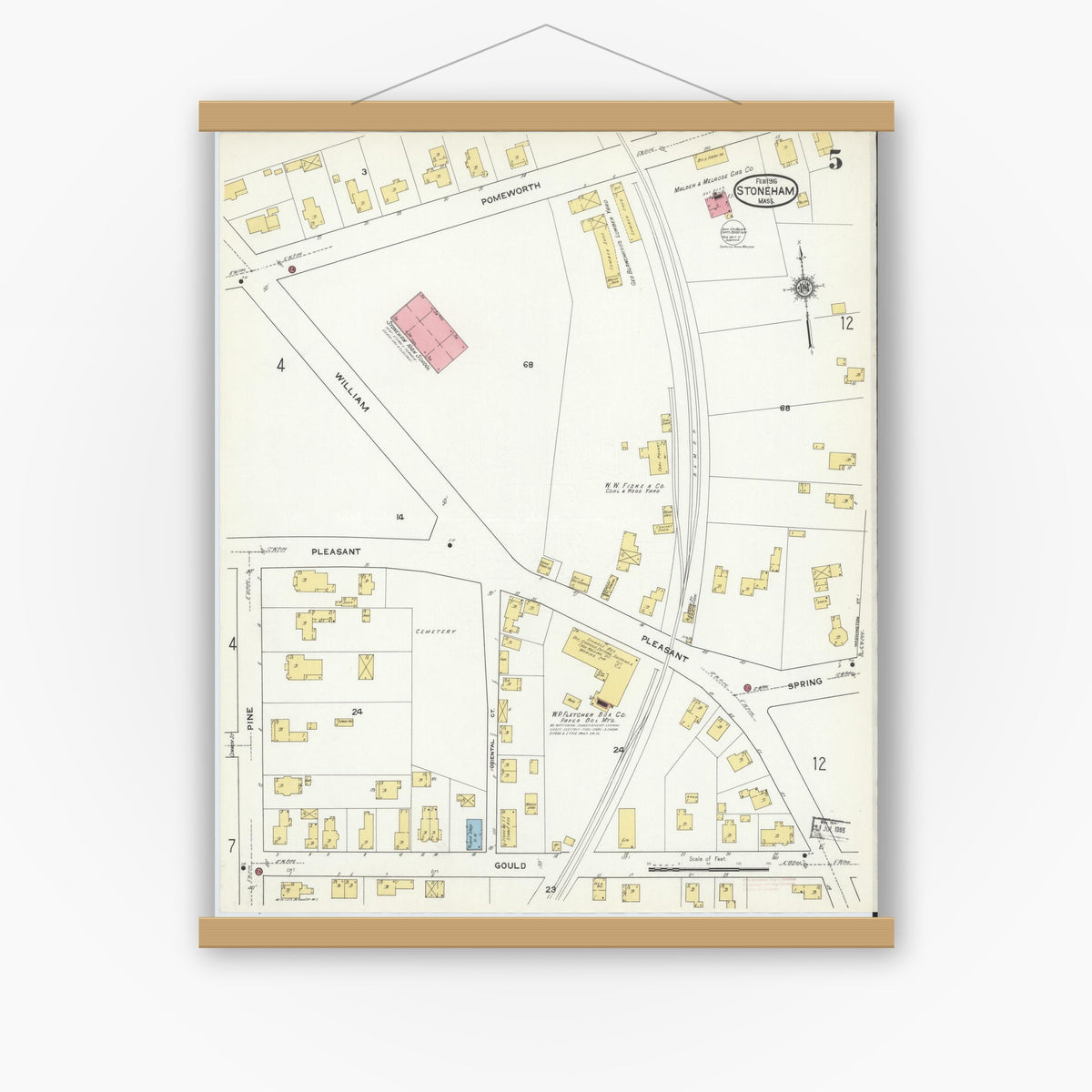 Old map wall art mockup — magnetic wood frame on white wall — Sanborn Fire Insurance Map from Stoneham, Middlesex County, Massachusetts (1916), Sheet #0005