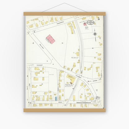 Old map wall art mockup — magnetic wood frame on white wall — Sanborn Fire Insurance Map from Stoneham, Middlesex County, Massachusetts (1916), Sheet #0005
