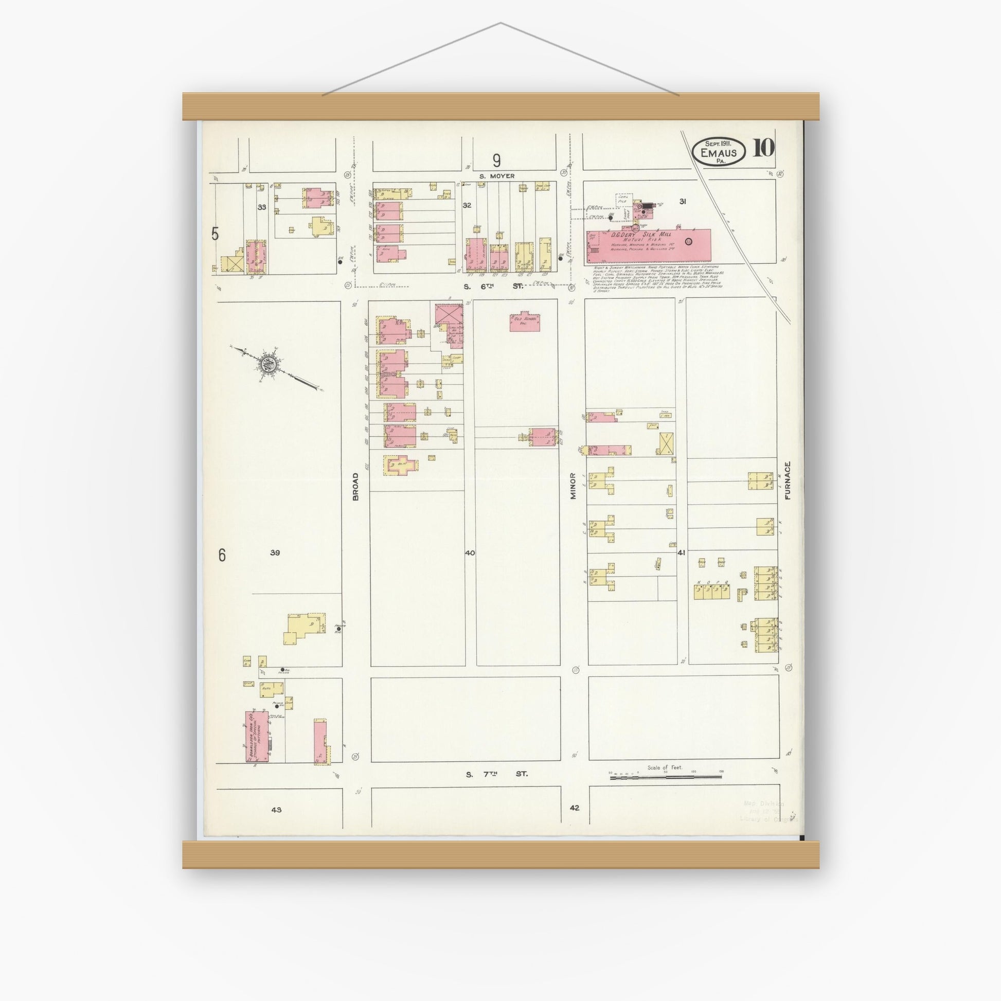 Old map wall art mockup — magnetic wood frame on white wall — Sanborn Fire Insurance Map from Emaus, Lehigh County, Pennsylvania (1911), Sheet #0010