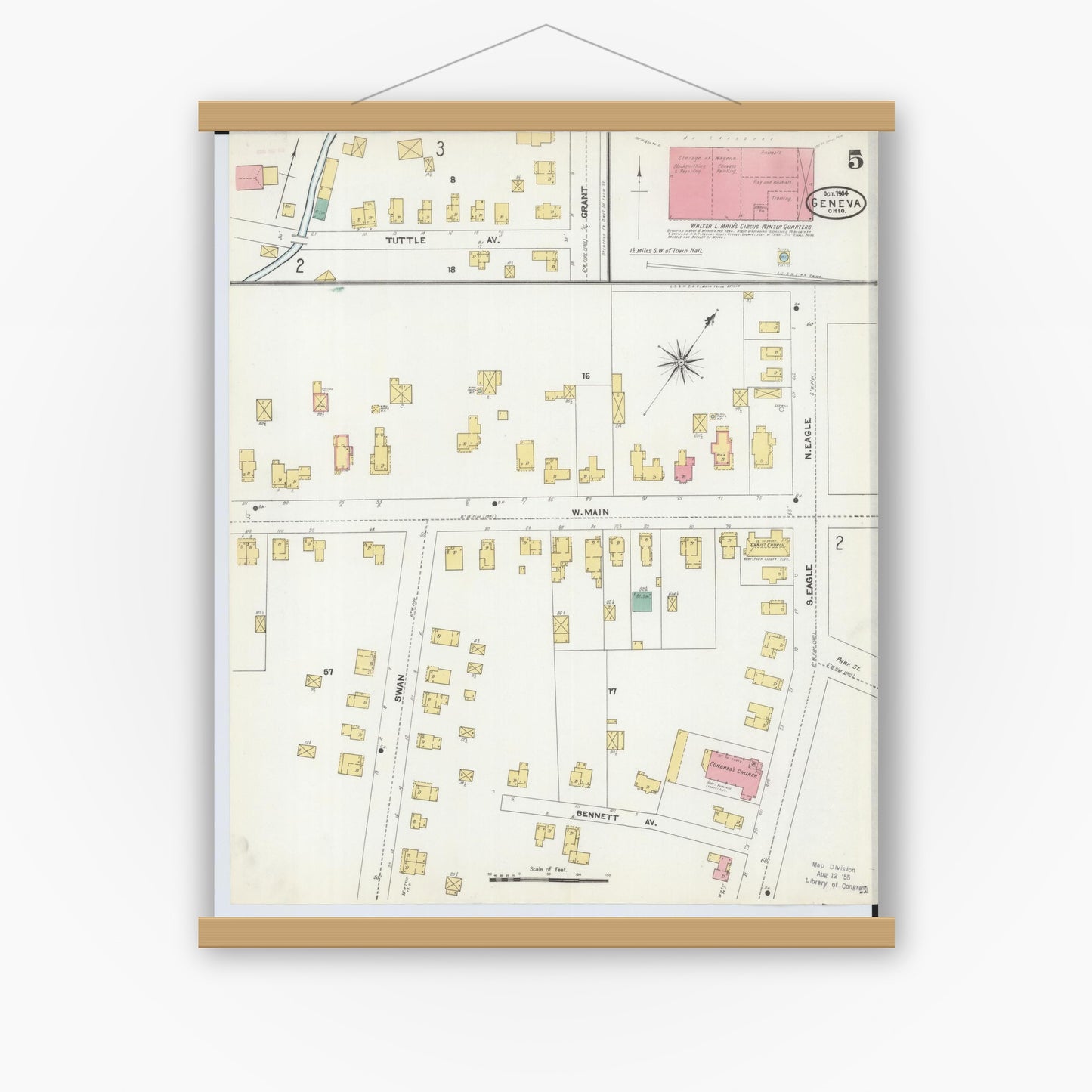 Old map wall art mockup — magnetic wood frame on white wall — Sanborn Fire Insurance Map from Geneva, Ashtabula County, Ohio (1904), Sheet #0005