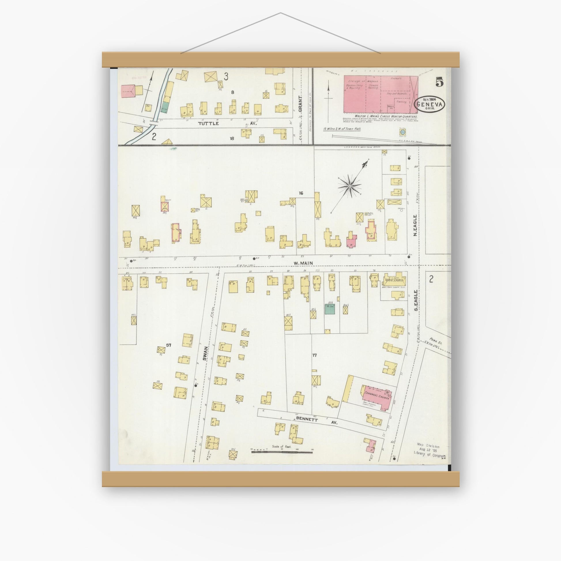 Old map wall art mockup — magnetic wood frame on white wall — Sanborn Fire Insurance Map from Geneva, Ashtabula County, Ohio (1904), Sheet #0005
