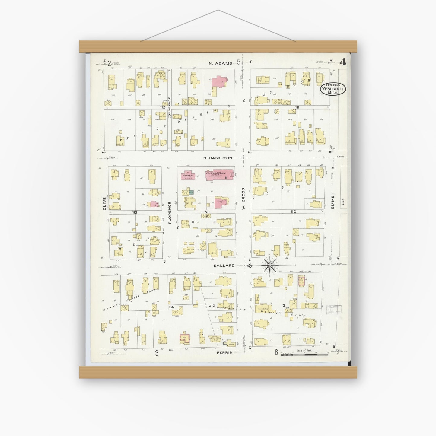 Old map wall art mockup — magnetic wood frame on white wall — Sanborn Fire Insurance Map from Ypsilanti, Washtenaw County, Michigan (1909), Sheet #0004