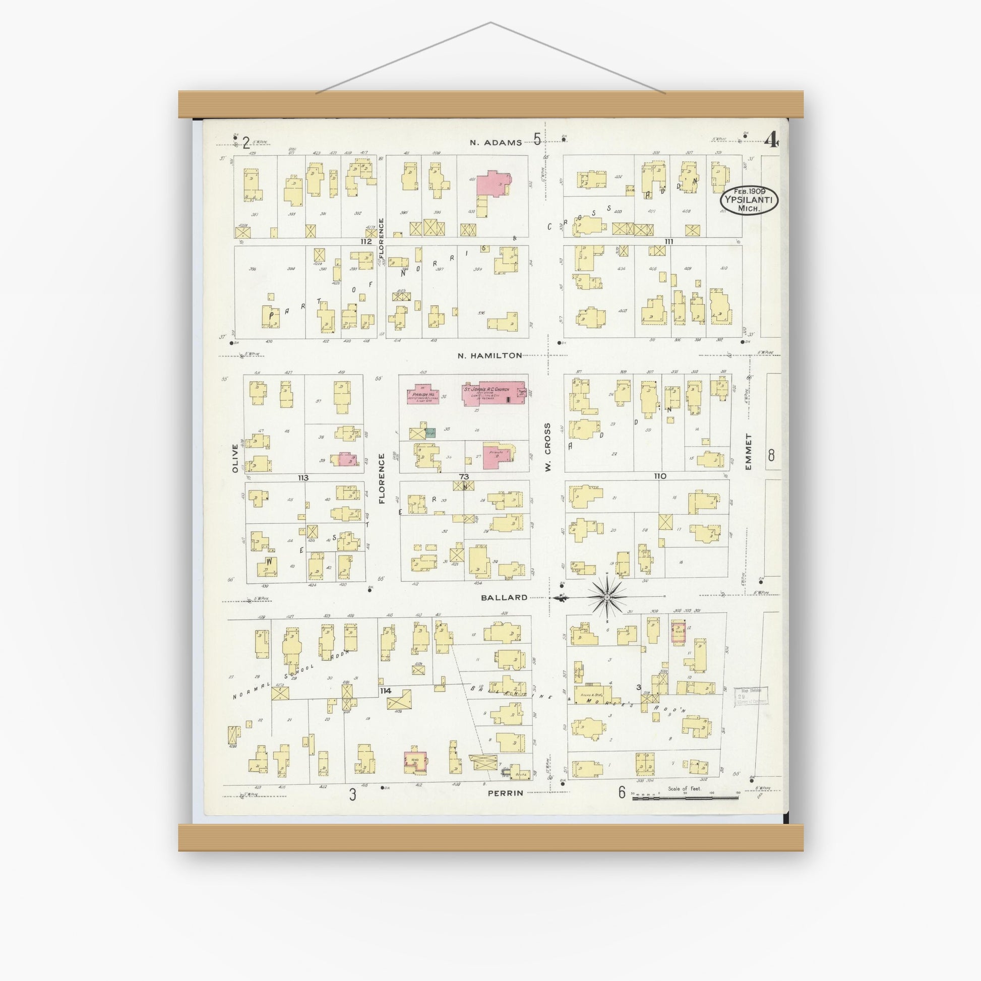 Old map wall art mockup — magnetic wood frame on white wall — Sanborn Fire Insurance Map from Ypsilanti, Washtenaw County, Michigan (1909), Sheet #0004