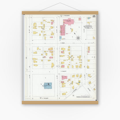 Old map wall art mockup — magnetic wood frame on white wall — Sanborn Fire Insurance Map from Mankato, Blue Earth County, Minnesota (1900), Sheet #0013