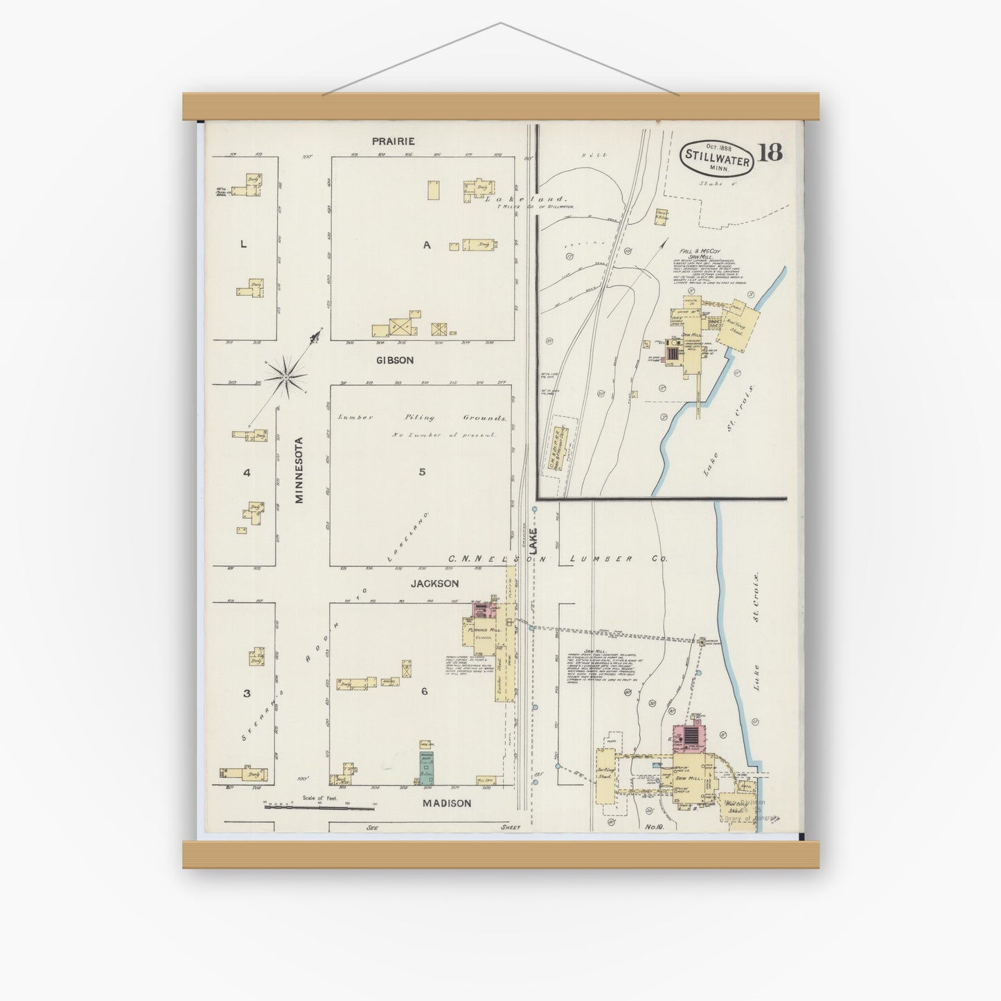 Old map wall art mockup — magnetic wood frame on white wall — Sanborn Fire Insurance Map from Stillwater, Washington County, Minnesota (1888), Sheet #0018