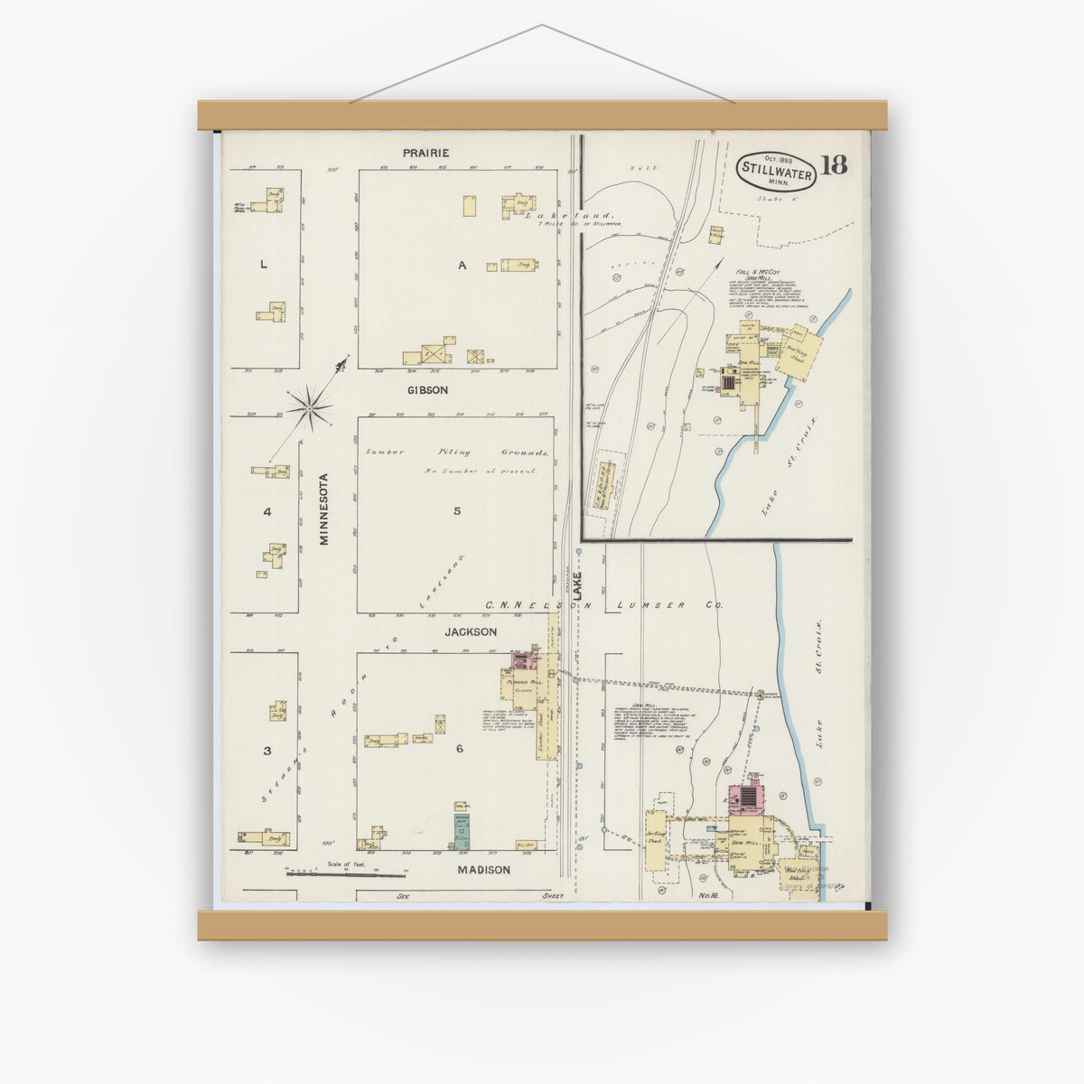 Old map wall art mockup — magnetic wood frame on white wall — Sanborn Fire Insurance Map from Stillwater, Washington County, Minnesota (1888), Sheet #0018