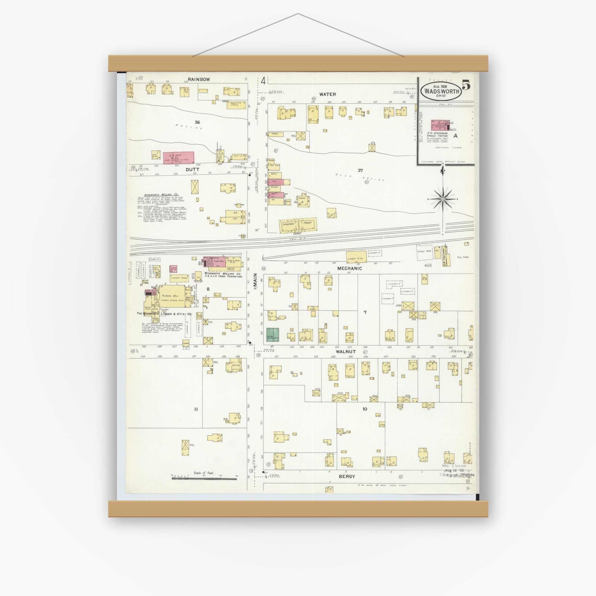 Old map wall art mockup — magnetic wood frame on white wall — Sanborn Fire Insurance Map from Wadsworth, Medina County, Ohio (1908), Sheet #0005