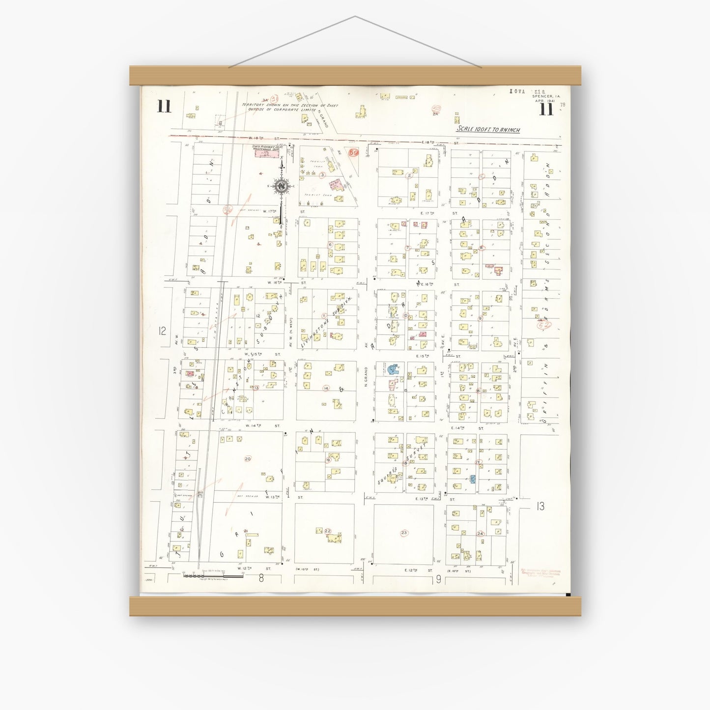 Old map wall art mockup — magnetic wood frame on white wall — Sanborn Fire Insurance Map from Spencer, Clay County, Iowa (1946), Sheet #0011