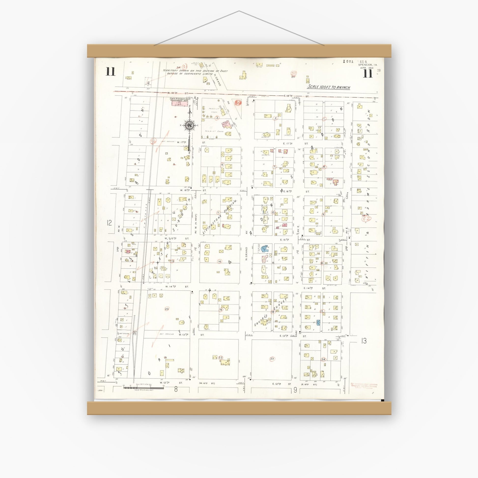 Old map wall art mockup — magnetic wood frame on white wall — Sanborn Fire Insurance Map from Spencer, Clay County, Iowa (1946), Sheet #0011
