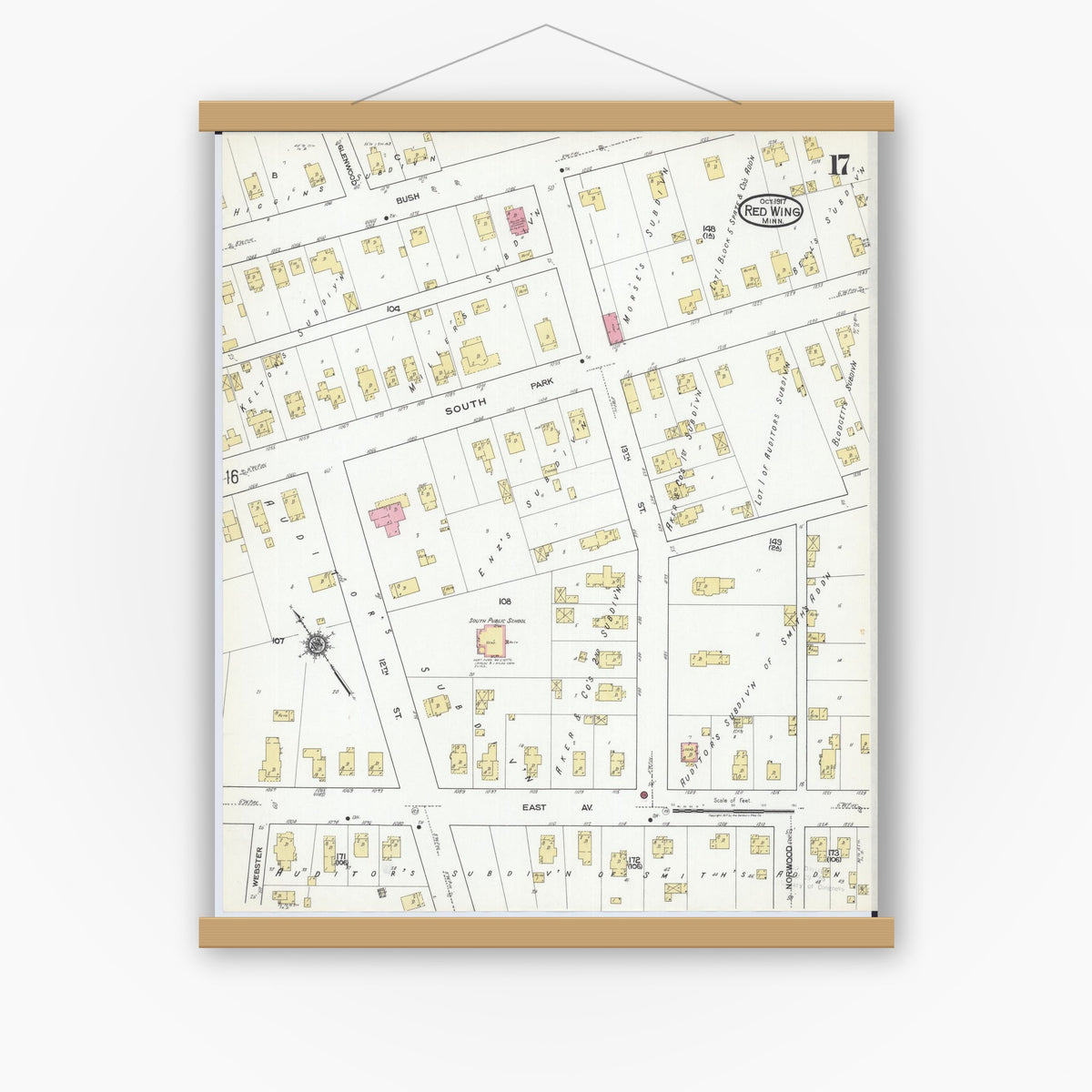 Old map wall art mockup — magnetic wood frame on white wall — Sanborn Fire Insurance Map from Red Wing, Goodhue County, Minnesota (1917), Sheet #0017