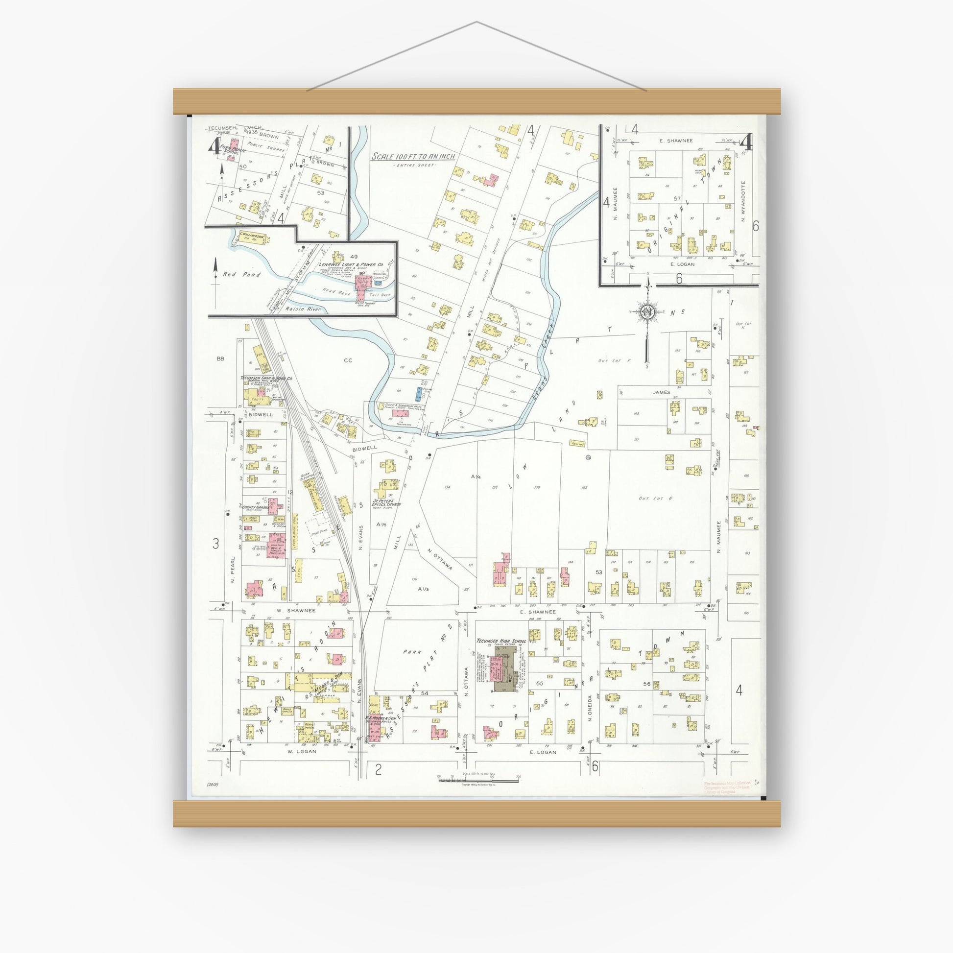 Old map wall art mockup — magnetic wood frame on white wall — Sanborn Fire Insurance Map from Tecumseh, Lenawee County, Michigan (1935), Sheet #0004