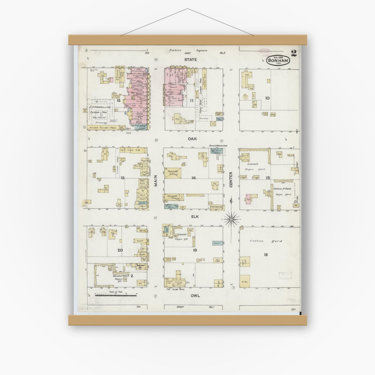 Old map wall art mockup — magnetic wood frame on white wall — Sanborn Fire Insurance Map from Bonham, Fannin County, Texas (1888), Sheet #0002