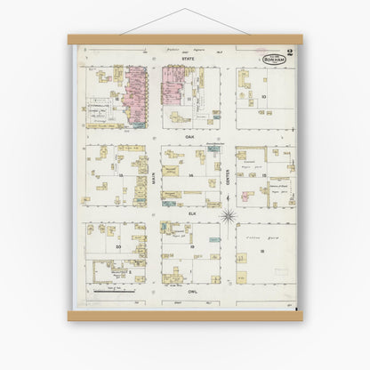 Old map wall art mockup — magnetic wood frame on white wall — Sanborn Fire Insurance Map from Bonham, Fannin County, Texas (1888), Sheet #0002