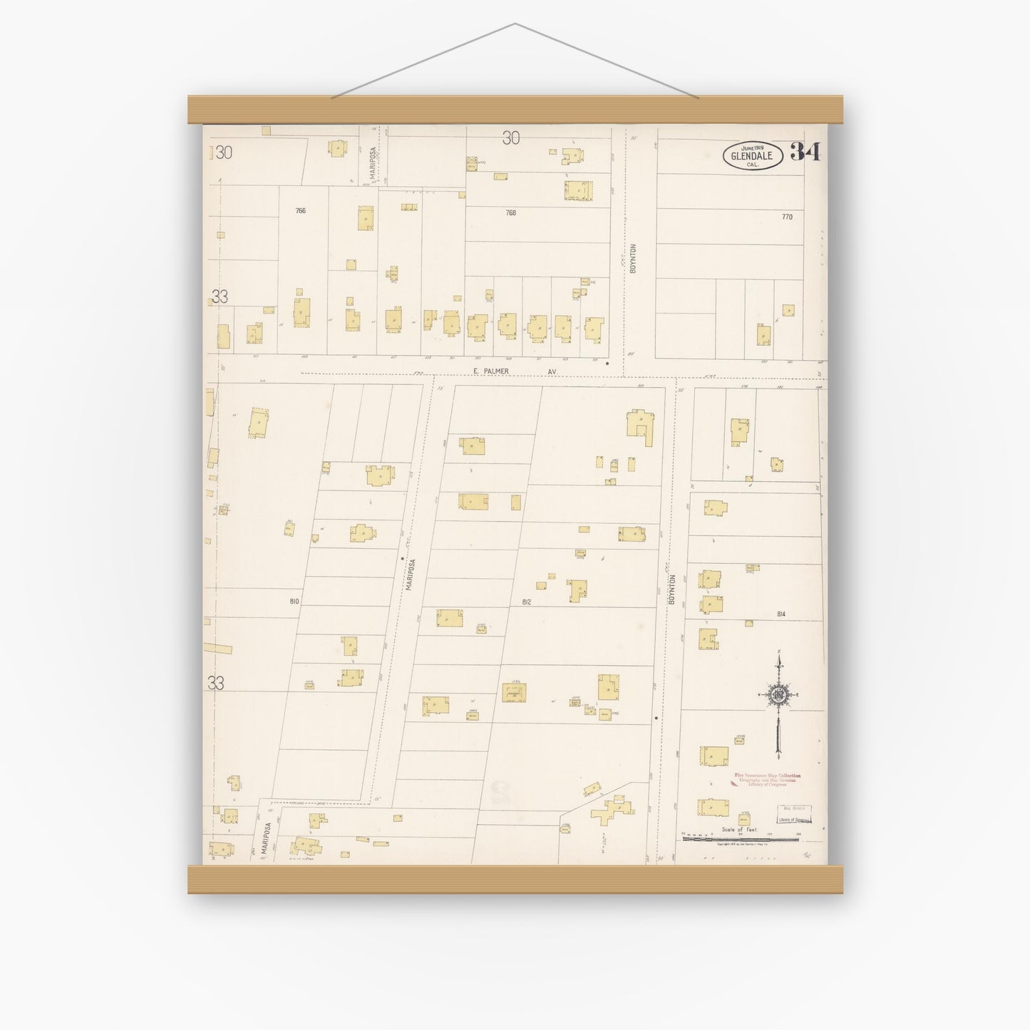Old map wall art mockup — magnetic wood frame on white wall — Sanborn Fire Insurance Map from Glendale, Los Angeles County, California (1919), Sheet #0034