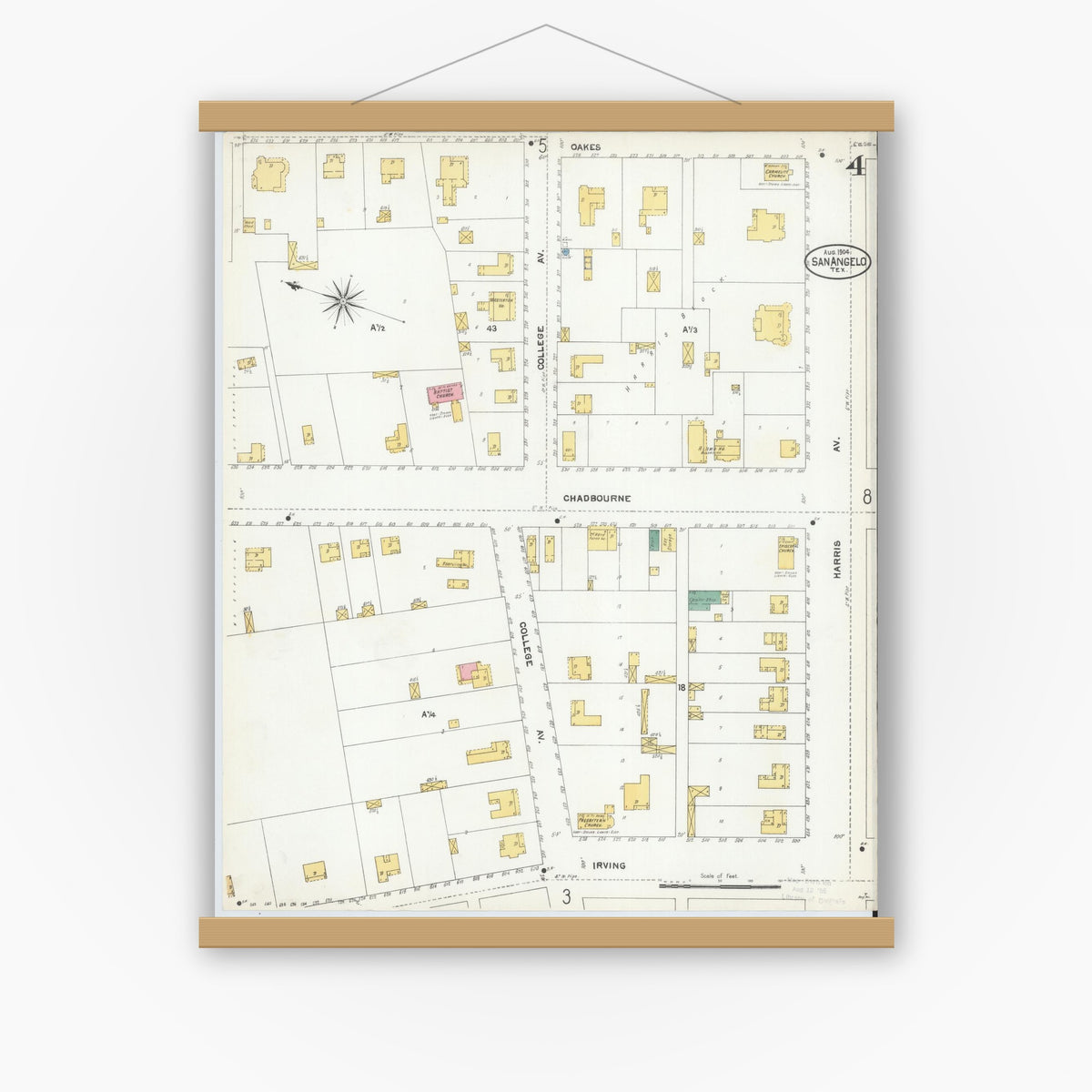 Old map wall art mockup — magnetic wood frame on white wall — Sanborn Fire Insurance Map from San Angelo, Tom Green County, Texas (1904), Sheet #0004