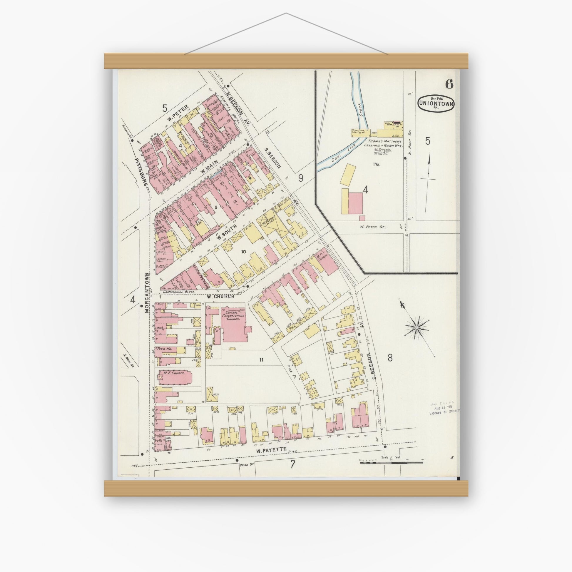 Old map wall art mockup — magnetic wood frame on white wall — Sanborn Fire Insurance Map from Uniontown, Fayette County, Pennsylvania (1896), Sheet #0006