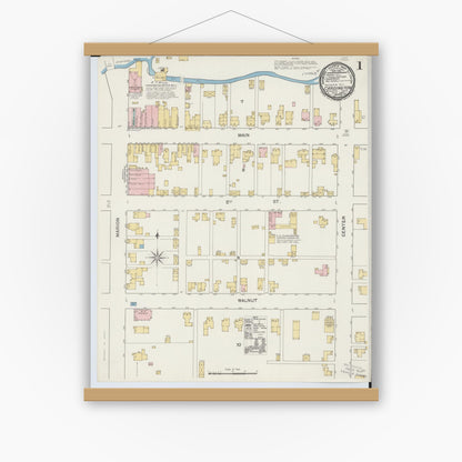 Old map wall art mockup — magnetic wood frame on white wall — Sanborn Fire Insurance Map from Cardington, Morrow County, Ohio (1892), Sheet #0001